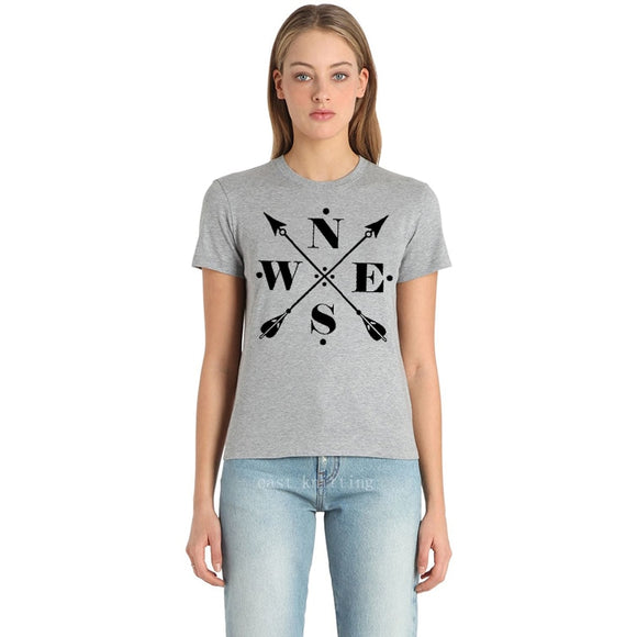 WT0179 New Design Women Leisure Summer Tees Arrow Compass  Graphic Print Grey T shirt